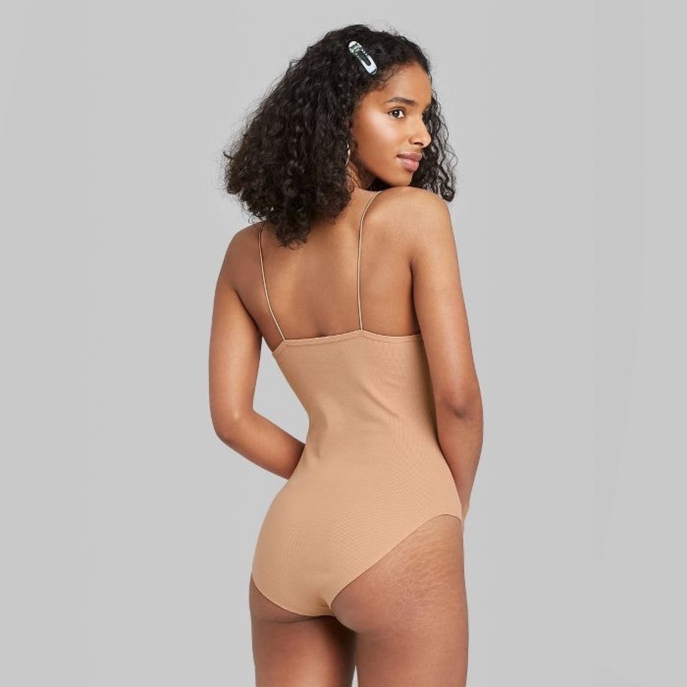 Square-Neck Spaghetti Strap Bodysuit Beige